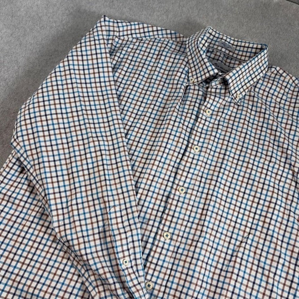 Peter Millar Button Front Shirt Mens XL Blue Brown Check Long Sleeve